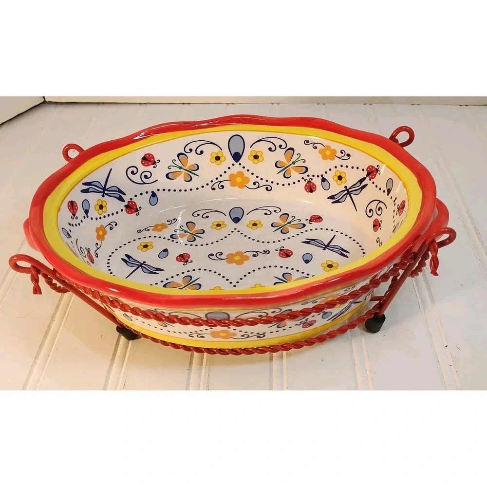 Temptations By Tara 1 Qt Casserole Baking Dish Spring Meadow & Serving Stand